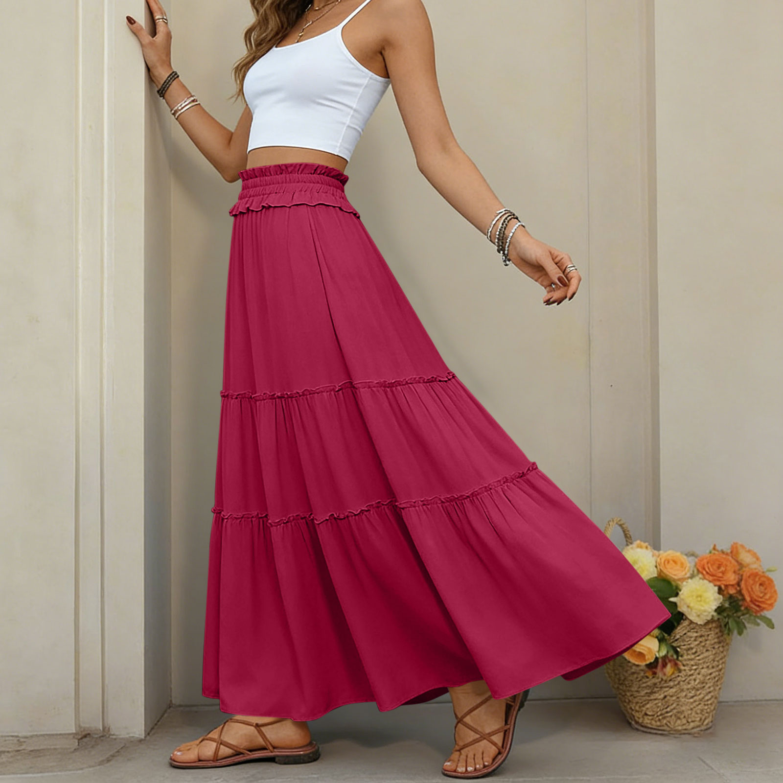 thumbnail video image 2 of HomeGardon Maxi Skirts for Women Summer Casual Tiered Maxi Skirt Without Pockets Elastic Waist Flowy Pleated Long Skirt, 2 of 7