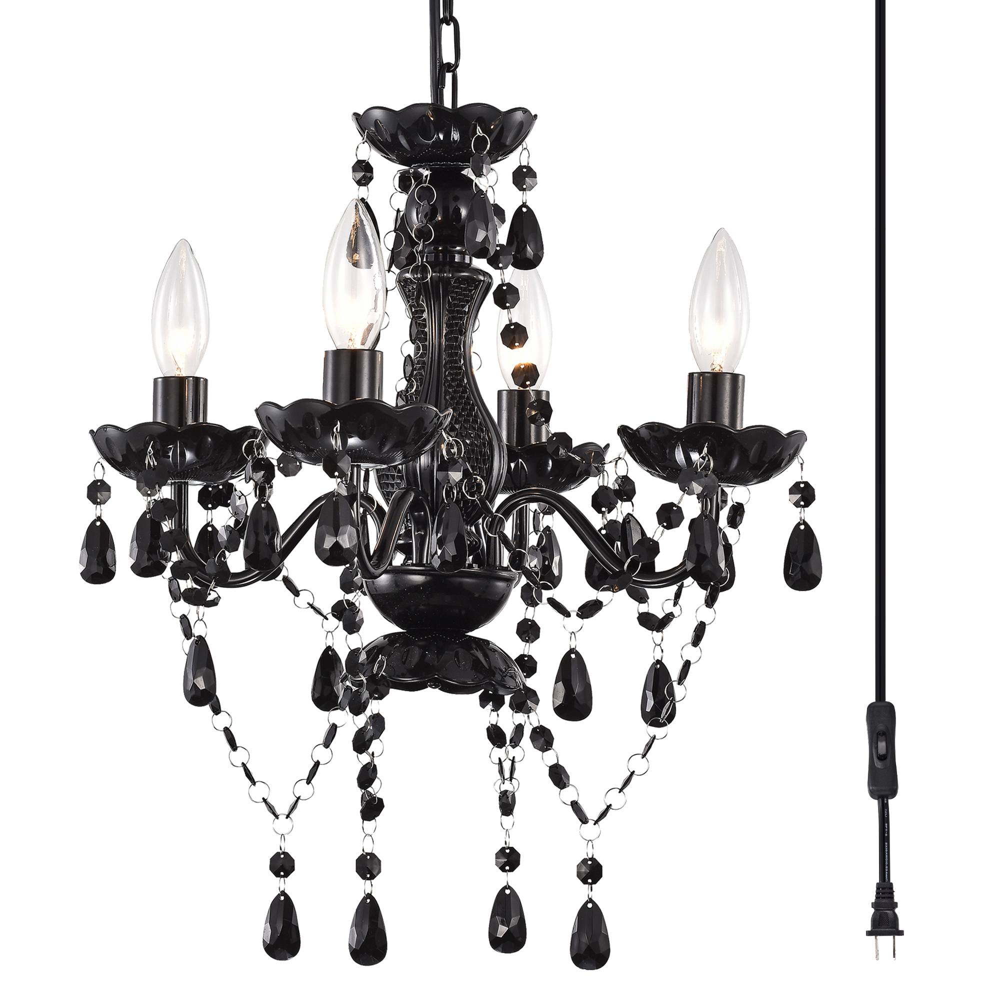 thumbnail video image 2 of Plug in Crystal Chandelier 4-Light Black Small Chandelier Ceiling Light Fixture with 20ft cord for Bedroom, 2 of 7