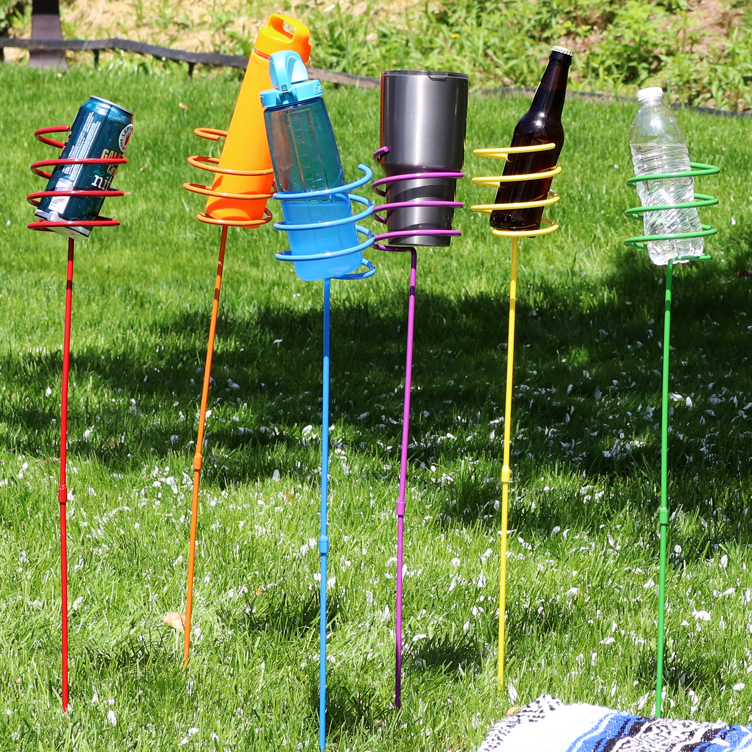 thumbnail video image 2 of Sunnydaze Steel Outdoor Drink Holder Stakes, Multi-Colored (Set of 6), 2 of 9