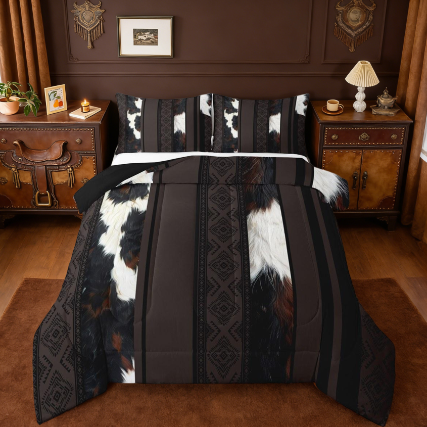 thumbnail video image 2 of jejeloiu Cattle Hide Full Size Comforter Sets,Cow Print Bedding Comforter Set,Aztec Geometric Stripes Bedding Sets,Breathable Bedroom Decor Reversible,3-Piece, 2 of 10