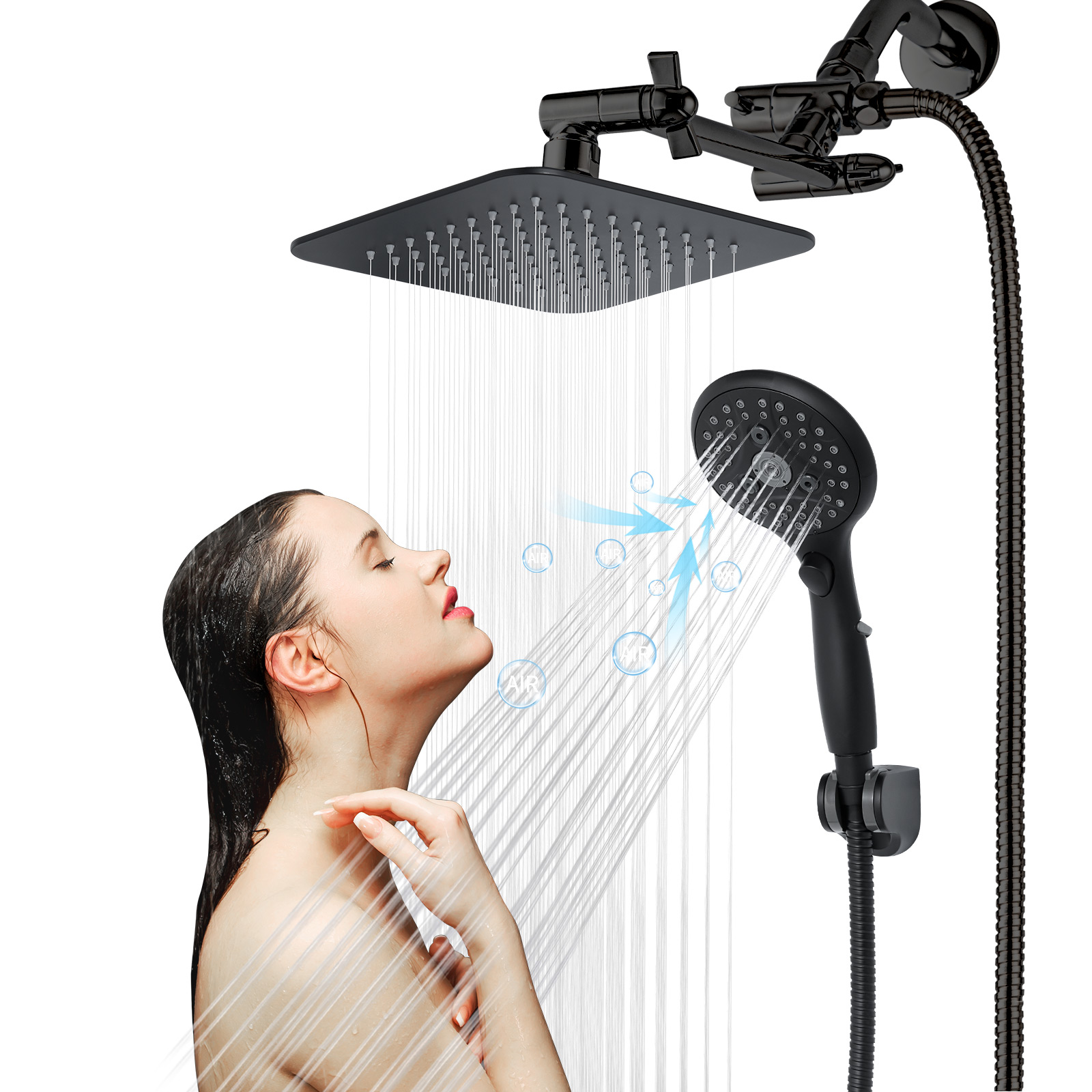 thumbnail video image 2 of VXV 7-Setting Shower Head, 8” Rain Shower Head with Handheld Spray Combo, 11" Extension Arm Height Adjustable, High Pressure Shower Heads, Matte Black, 2 of 8