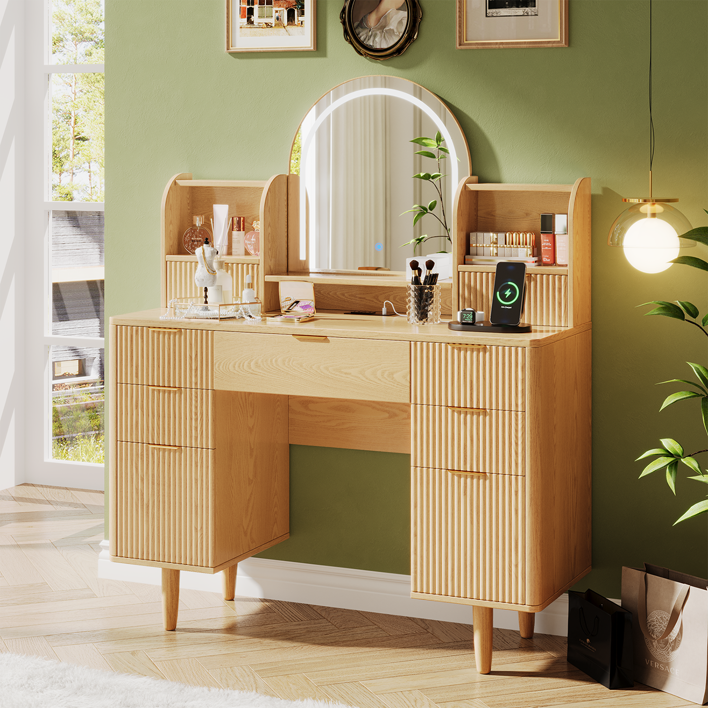 thumbnail video image 2 of UGTOO 44.3" Vanity Desk with LED Mirror & 7 Drawers, Makeup Dressing Table with Lights & Storage, Wood Modern Bedroom Dresser, 2 of 10