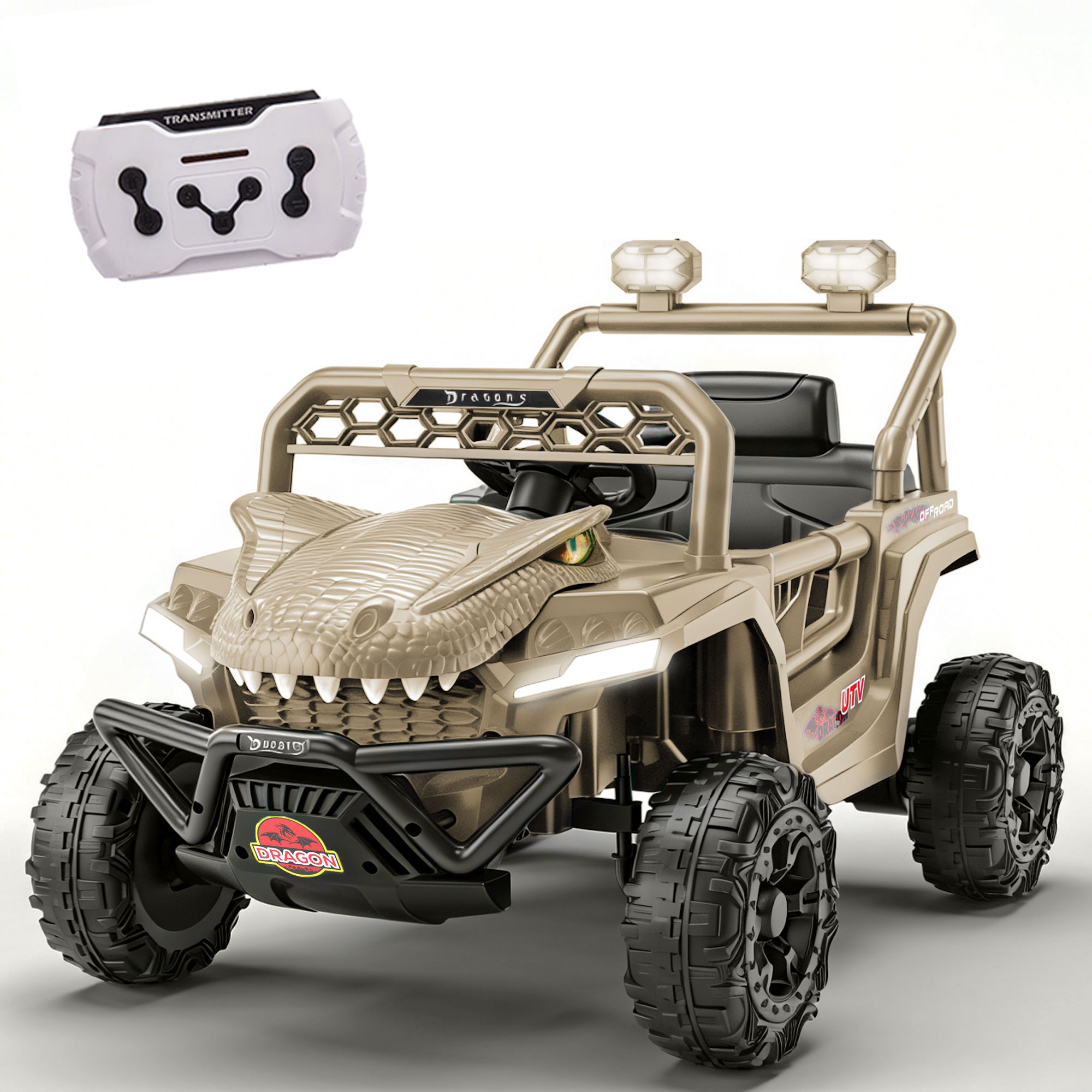 thumbnail video image 2 of 12V Dinosaur Kids Ride On Car, 2 Seater Power Ride On Toy for Kids with Remote Control, Bluetooth, USB, 4 Wheel Suspension, Dinosaur Electric Toy Car for Boys and Girls Ages 2-4, Khaki, 2 of 8