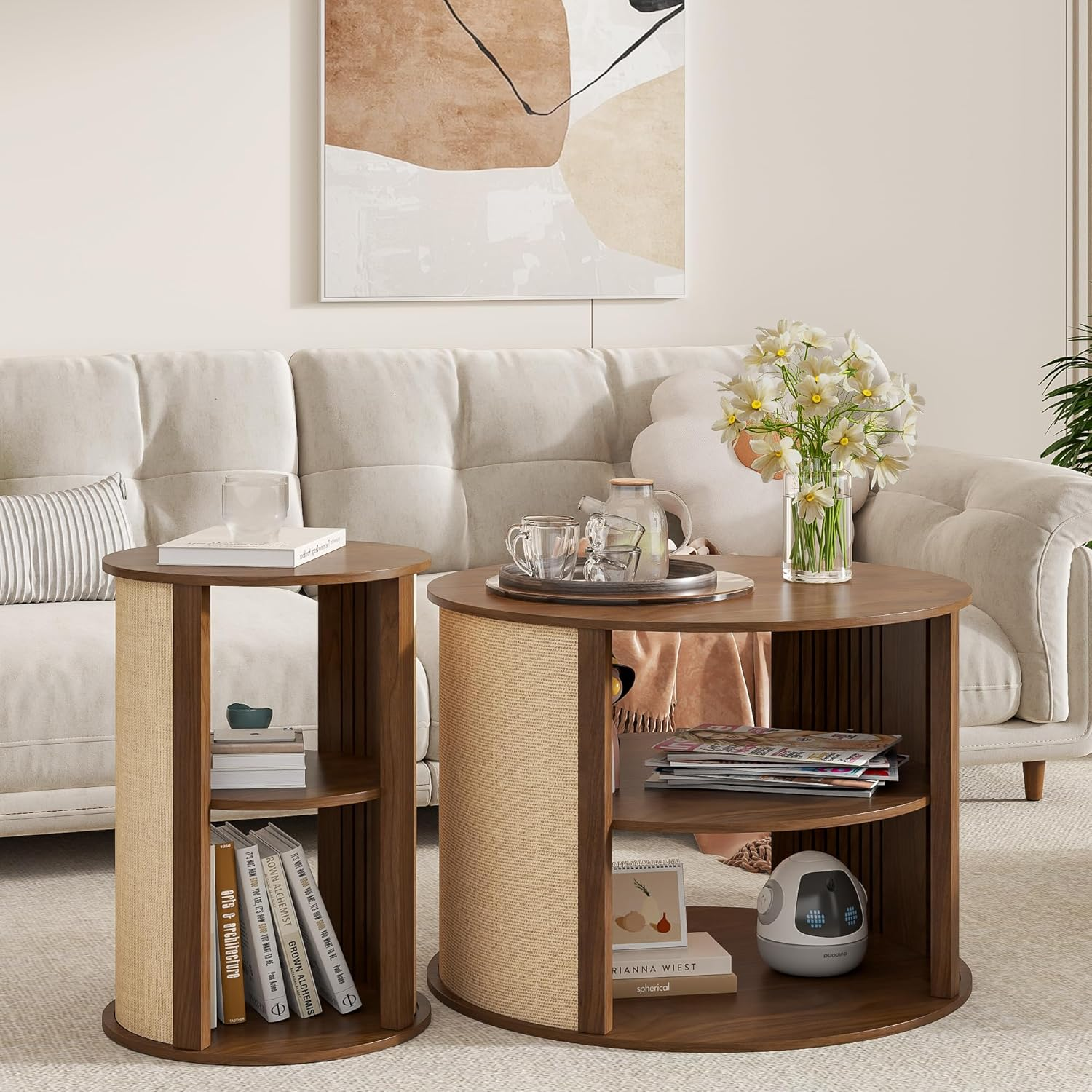 thumbnail video image 2 of Round Coffee Table Set of 2, Farmhouse Boho Coffee Table End Table Set, Sackcloth Finish, Natural, 2 of 7