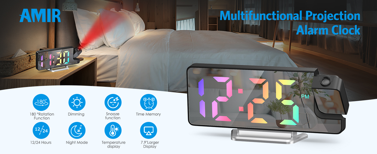thumbnail video image 2 of Projection Alarm Clock, AMIR LED Alarm Clock 7.9" 180° Rotatable Date Temperature Display Dimmer Snooze Night Mode Digital Alarm Clock for Bedroom Kids Room Elderly Colorful, 2 of 11