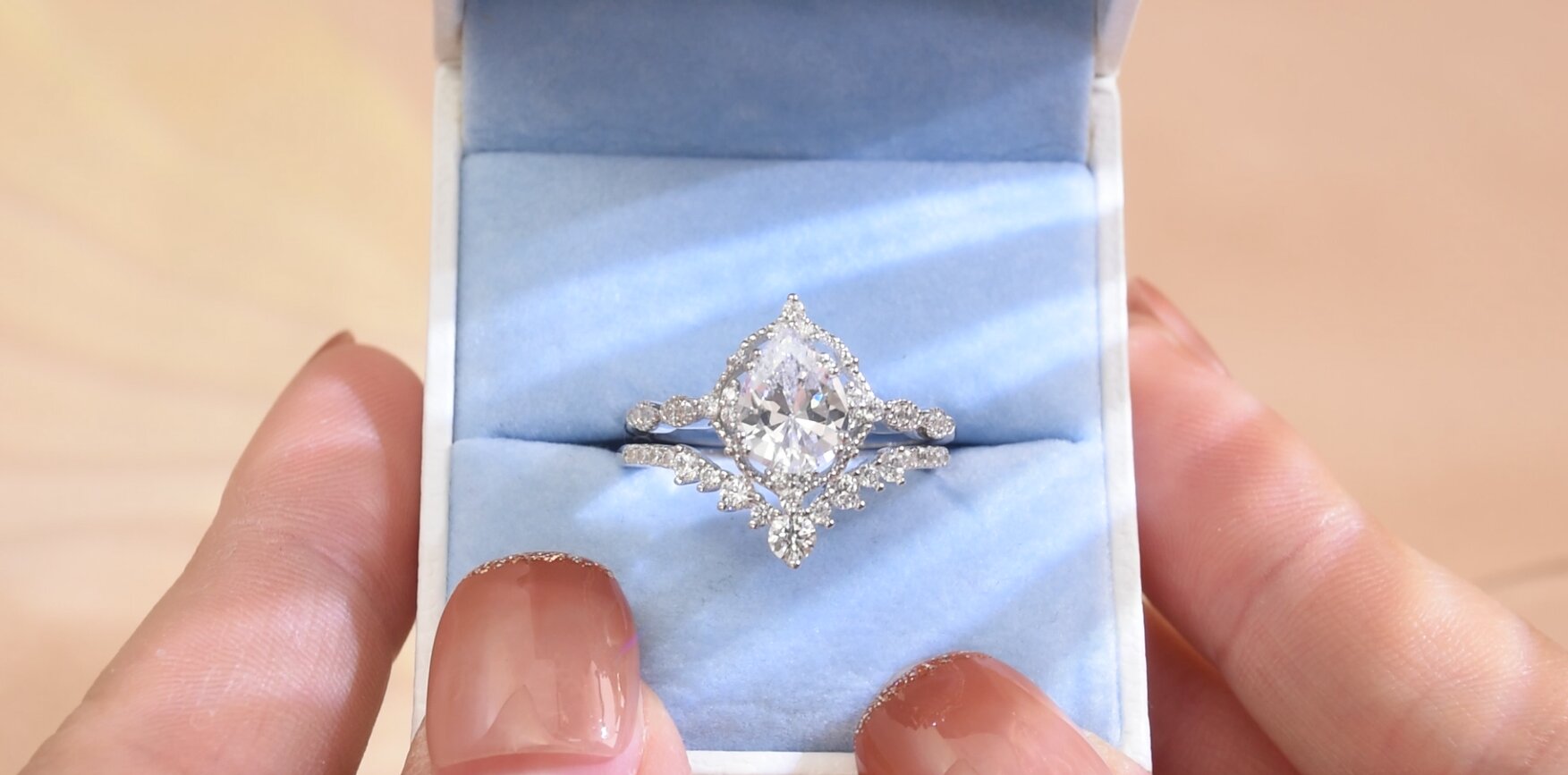 thumbnail video image 2 of Newshe Jewellery Wedding Rings AAAAA Cz Women's Bridal Rings Sets 925 Sterling Silver Pear Shaped Engagement Ring Size 9, 2 of 8
