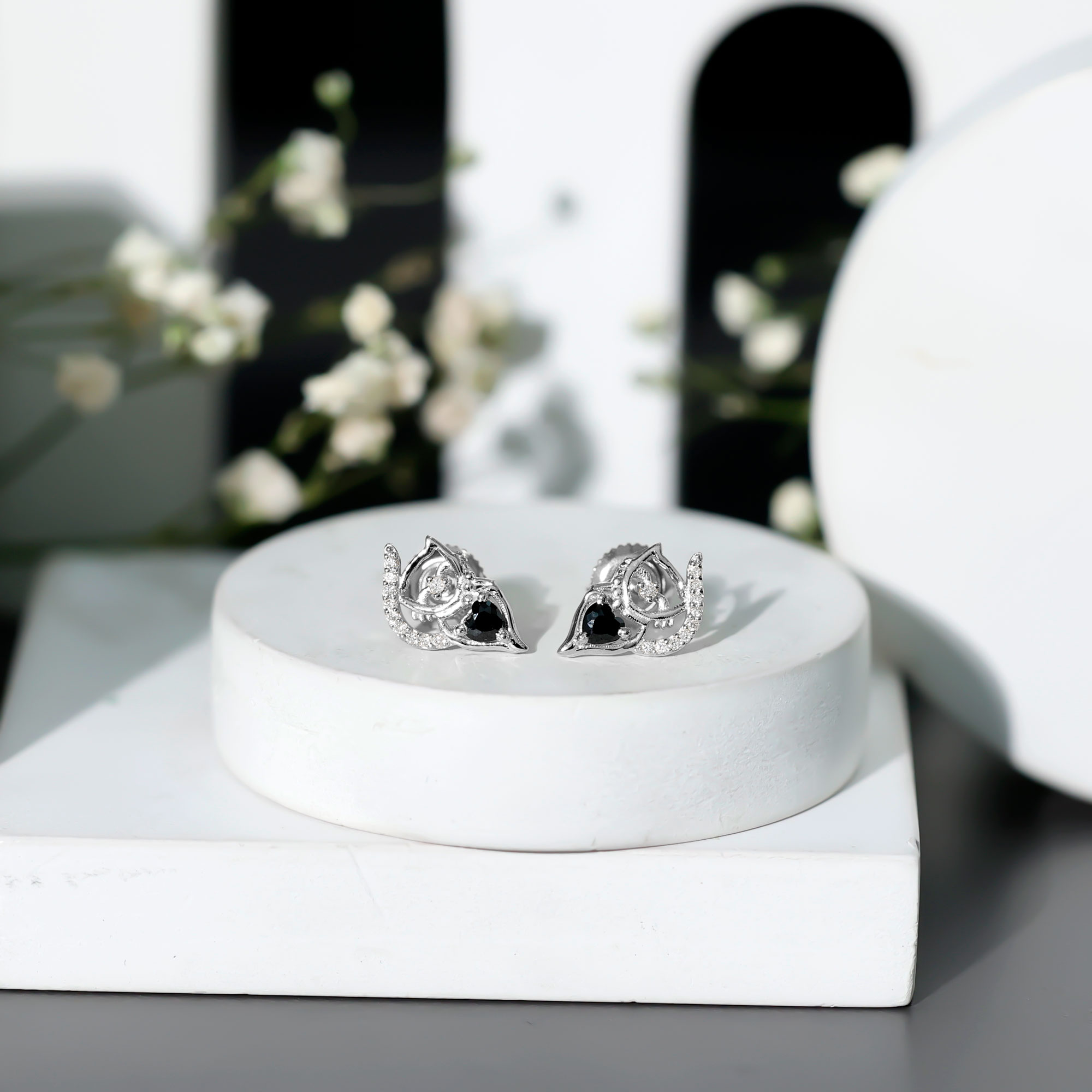 thumbnail video image 2 of Rosec Jewels Cute Cat Studs Earring, 0.25 CT Lab Created Black Diamond Stud Earrings with Diamond, Birthday Gift for Her (AAAA Quality), 10K White Gold, 2 of 7