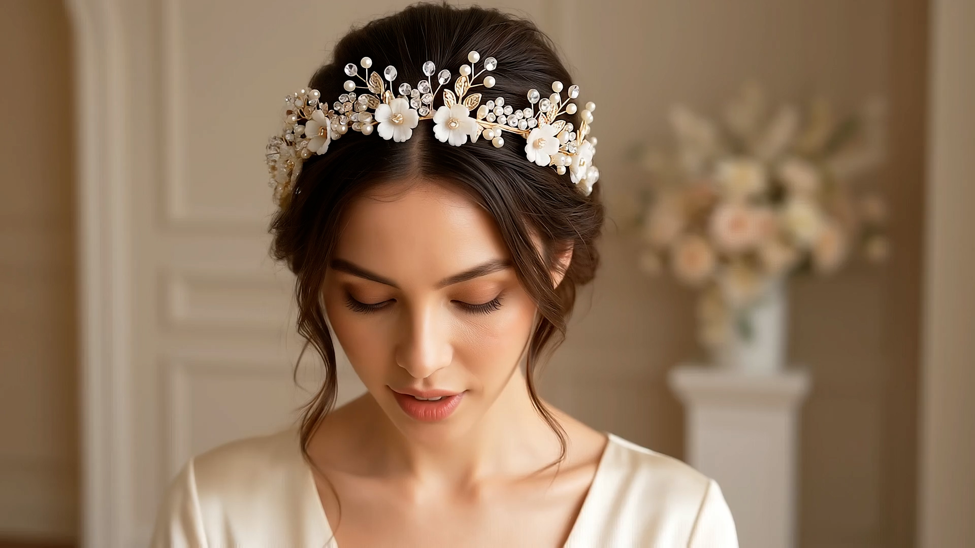 thumbnail video image 2 of MIALLO Elegant White Polymer Clay Flower Headband With Gold Metal Leaf, Boho Bridal Hair Hoop for Wedding and Daily Look, 2 of 9