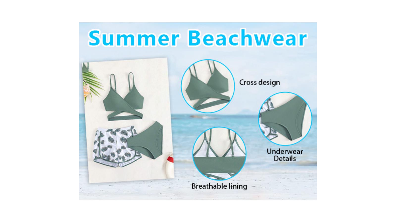thumbnail video image 2 of Girls Swimsuit 3 Piece Bathing Suit Criss Cross Swimwear Girl's Bikini Set with Shorts 11-17T, 2 of 6