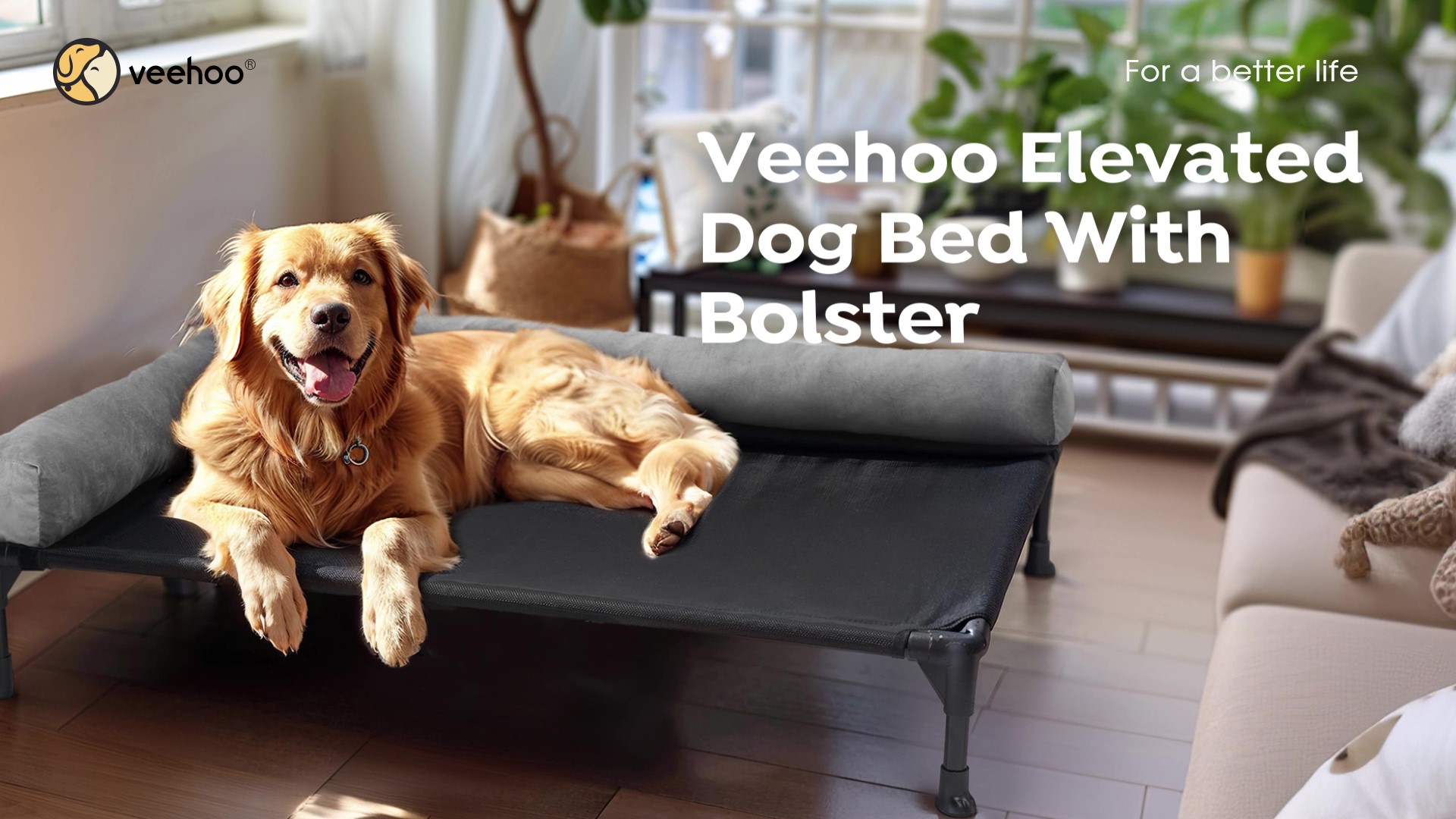 thumbnail video image 2 of Veehoo Elevated Dog Bed with L-Shaped Removable Bolster, Black Dog Cot with Teslin Mesh, X-Large, 2 of 7