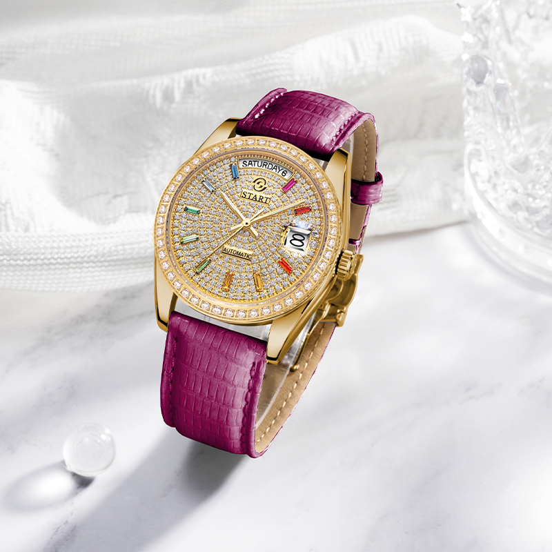 thumbnail video image 2 of 【START】 Rainbow Diamond Watch Men's and Women's Watch Swiss Fully Automatic Mechanical Movement 36MM Unisex Size Lizard Leather Strap Waterproof Date Week Function, 2 of 20