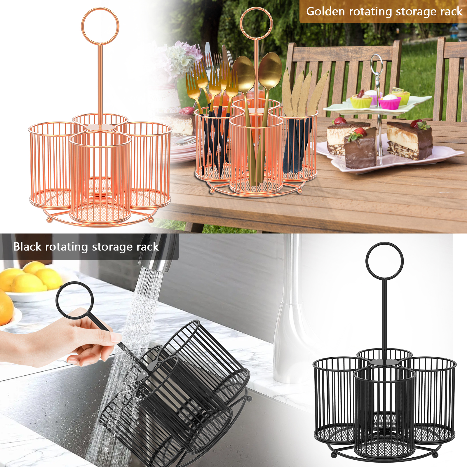 thumbnail video image 2 of Txkrhwa 360° Rotating Utensil Caddy, 4 Compartment Metal Utensil Organizer, Kitchen Utensil Caddy, Multifunctional Cutlery Storage Holder, Flatware Organizer with Handle for Home Party, 2 of 9