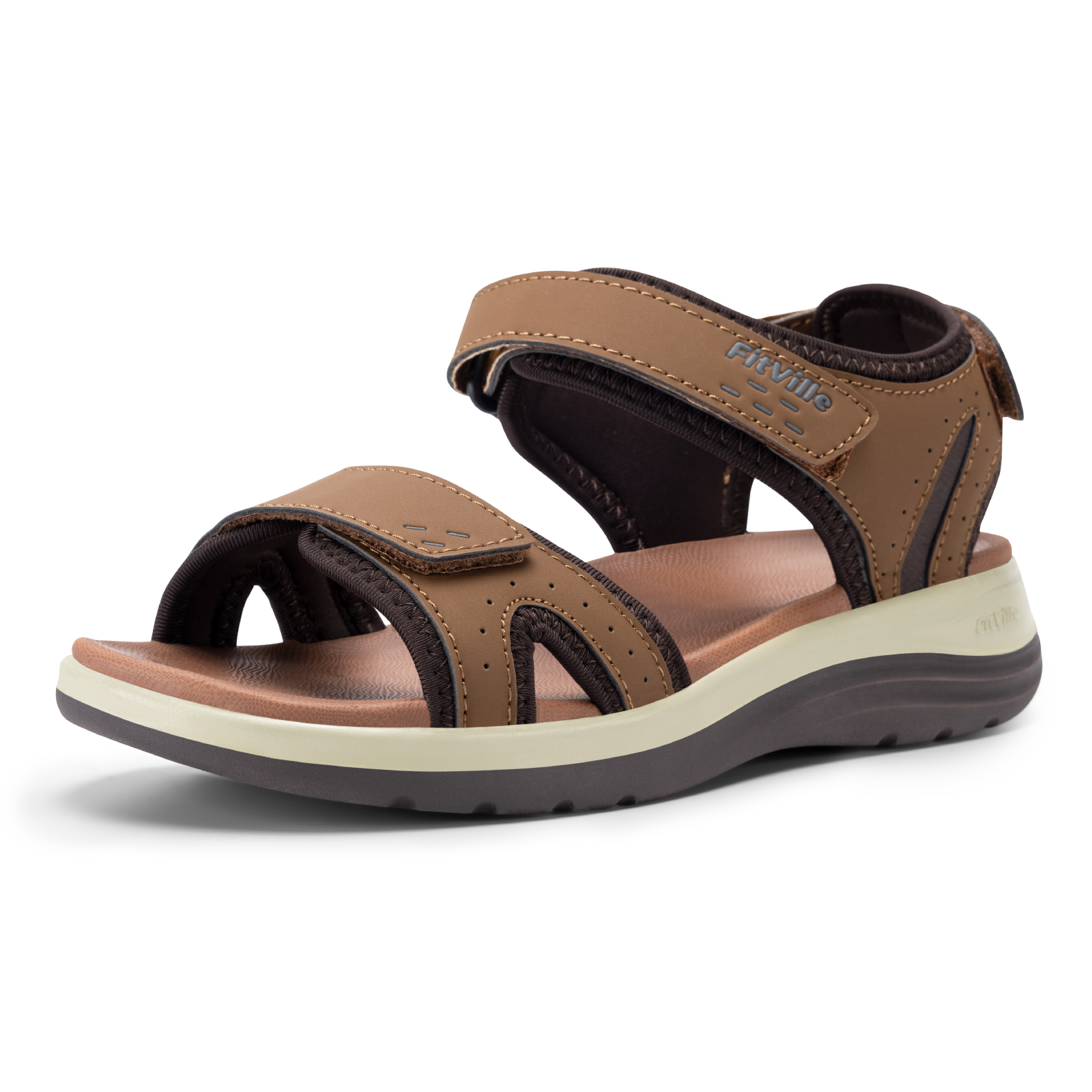 thumbnail video image 2 of FitVille Womens Wide Sandals Adjustable Ankle Strap Flat Sandals with Arch Support, Brown, 8.5 Wide, 2 of 8