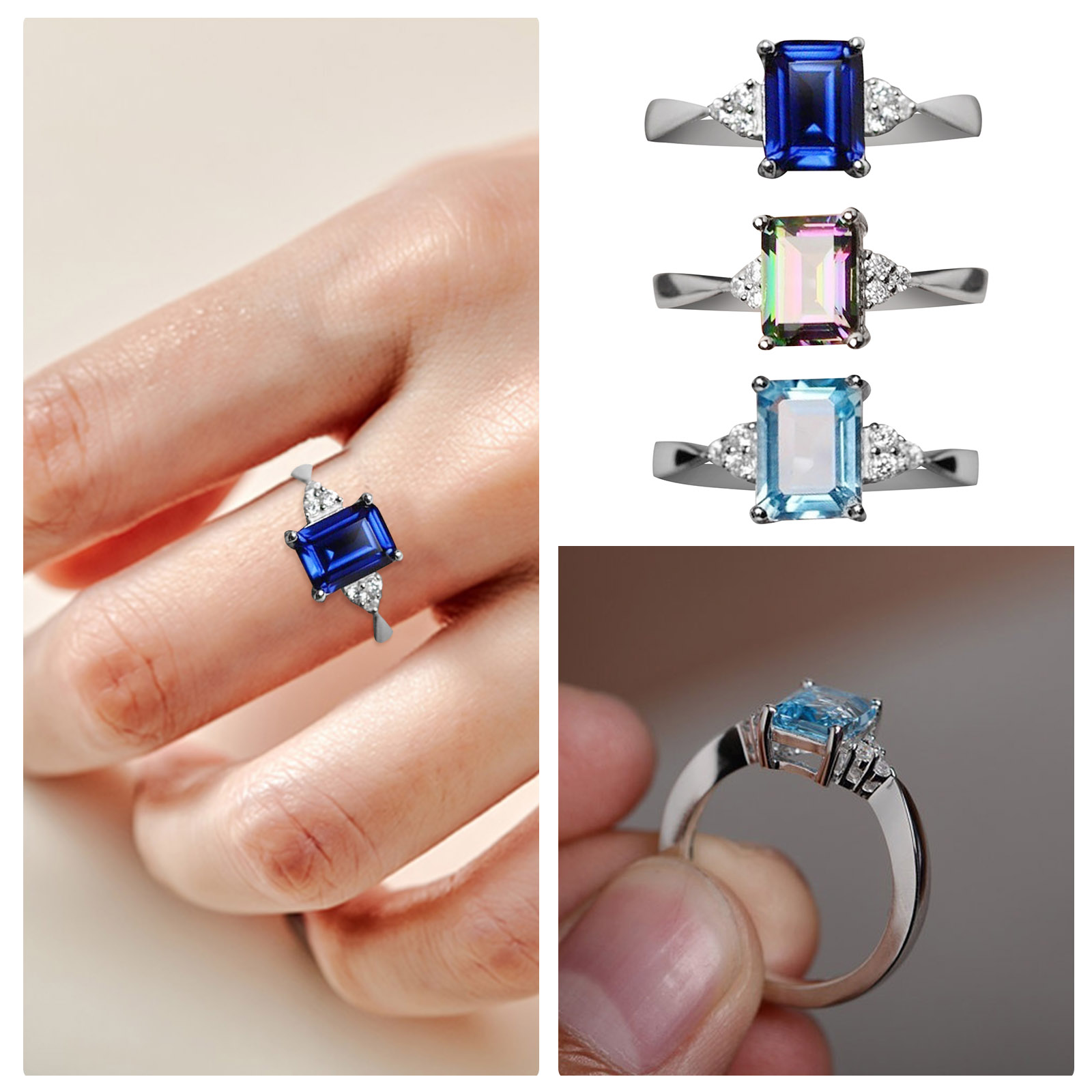 thumbnail video image 2 of Jewelry Clearance Rings！Women Ring 925 Sterling Silver Rainbow Engagement Wedding Band Rings 3 Colors，Ageoie Long-Lasting Color with Long-Term Use Light Blue Alloy Rings, 2 of 8