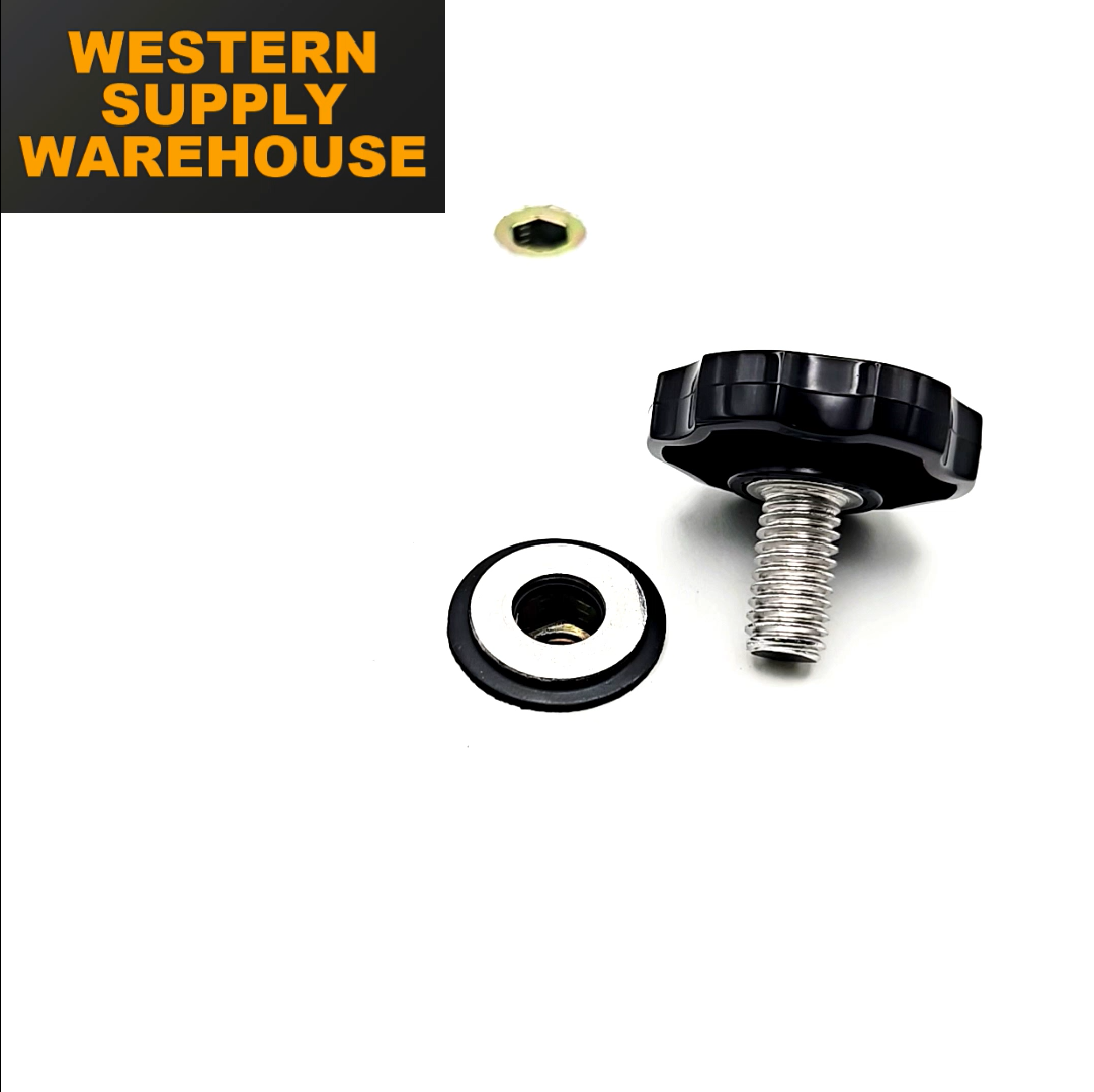 thumbnail video image 2 of 3/8" x 1" Thumb Screw Bolts Black Round 6 Point Rosette Clamping Knob Plastic Cap Stainless Steel 3/8"-16 Standard Thread, 2 of 7