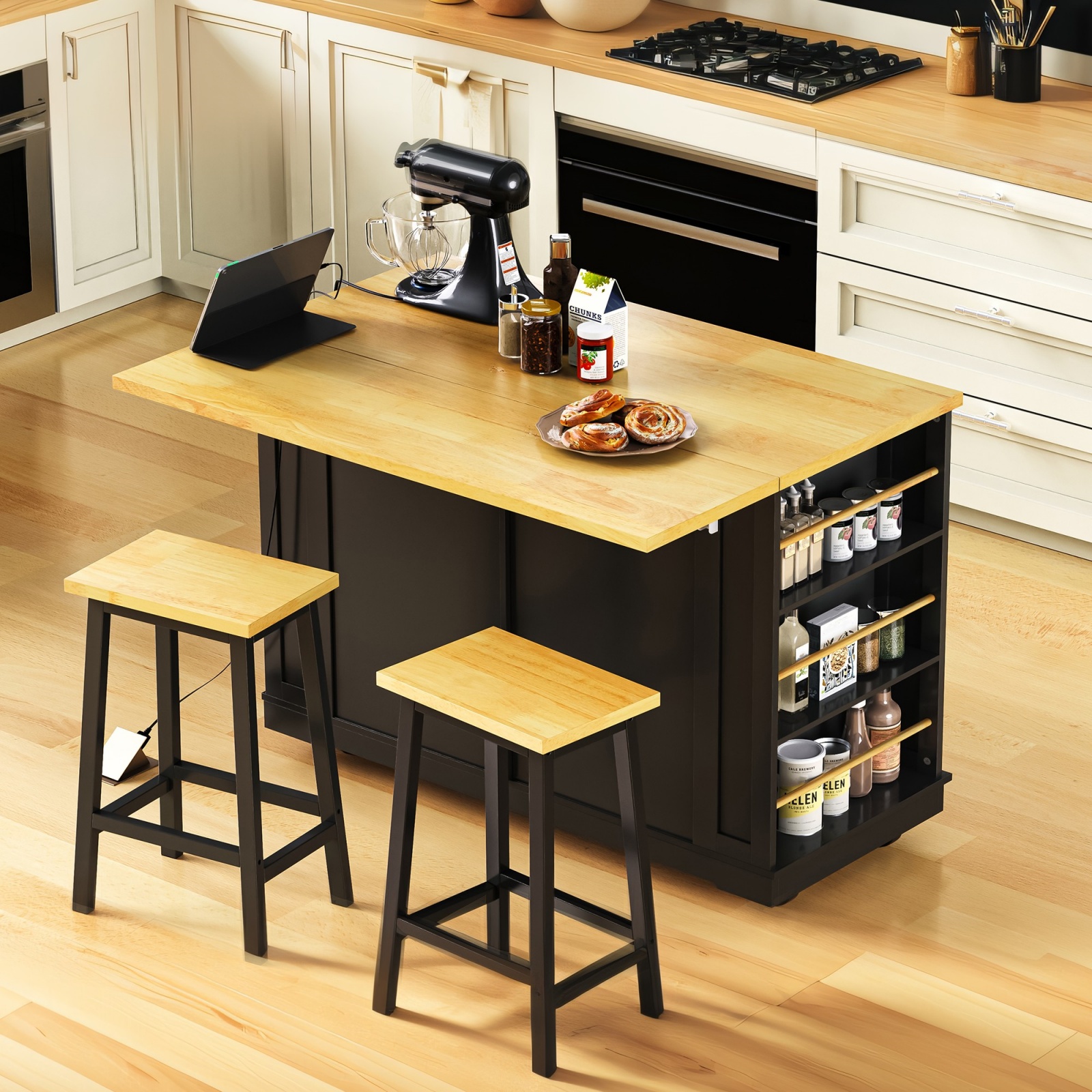 thumbnail video image 2 of 48inch Large Kitchen Island With 2 Bar Stools, Power Outlet, Door Internal Storage Rack, Kitchen Storage Cart On 5 Wheels With Drop Leaf, 5 Open Side Racks, 2 Drawers,for Kitchen,Dining Room,Black, 2 of 31