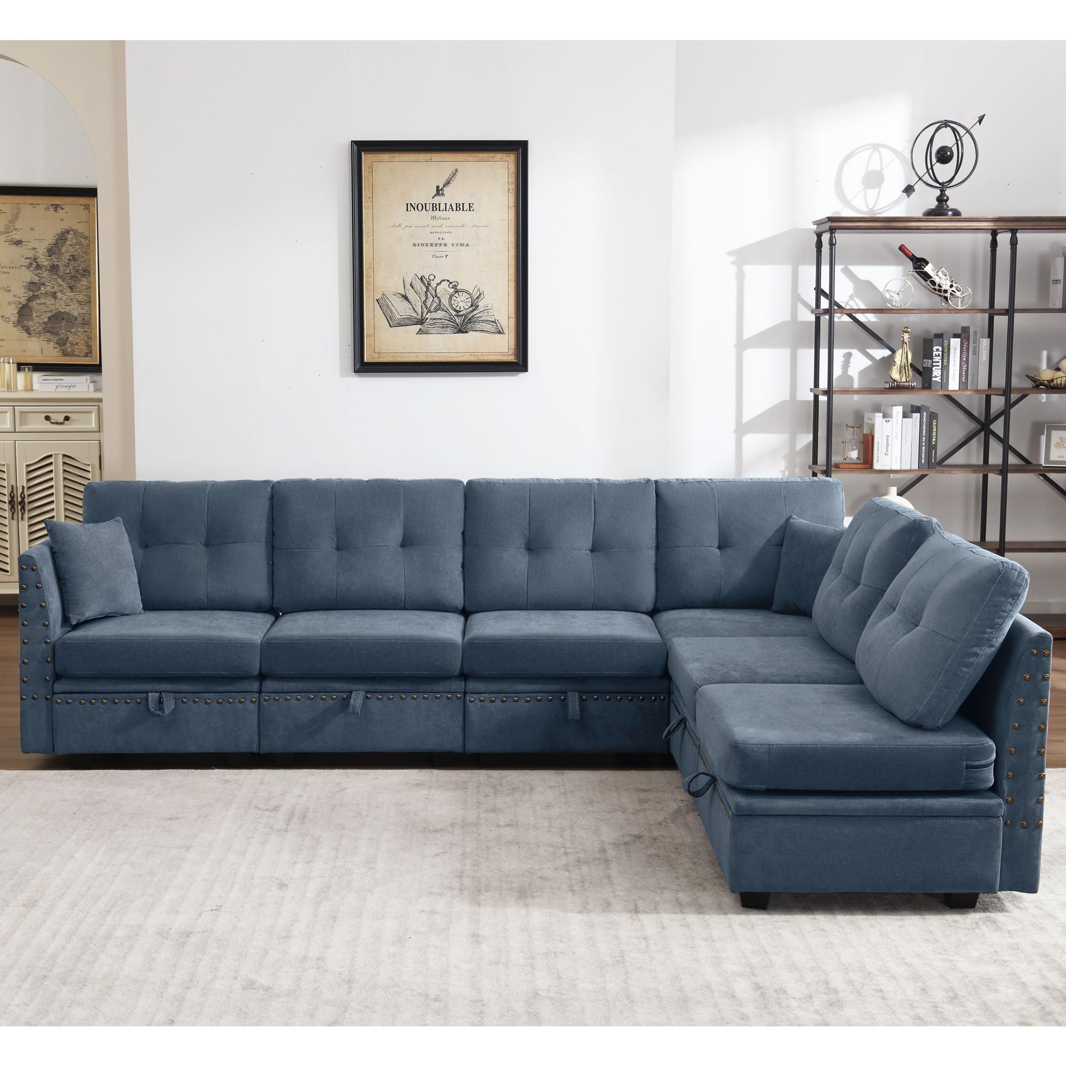 thumbnail video image 2 of JONPONY Vintage Modular Sectional Sofa, Convertible U Shaped Sofa Couch with Storage, Memory Foam,Copper Nail Modular Sectionals with Ottomans 6 Seat Sofa Couch with Chaise for Living Room,Blue, 2 of 11