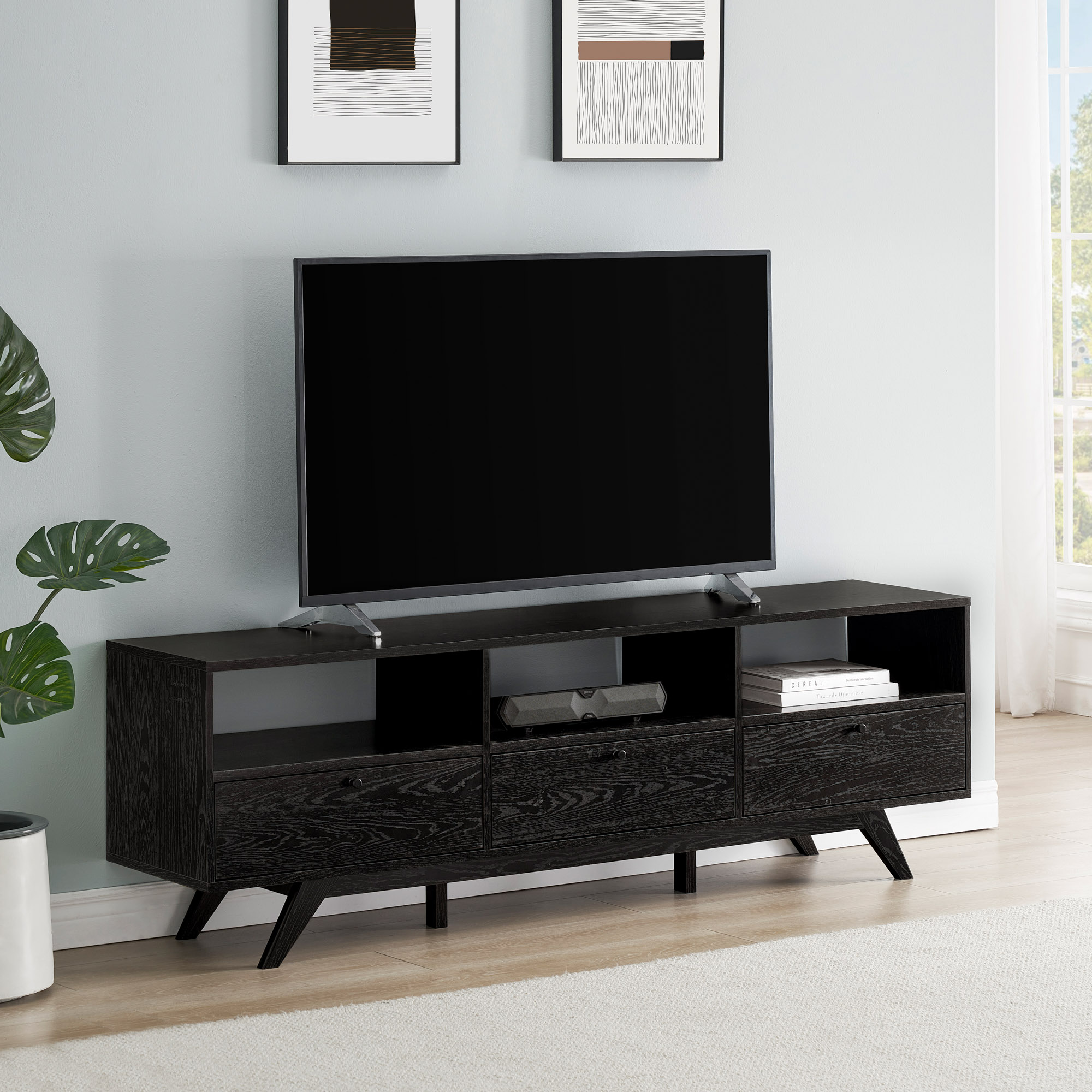 thumbnail video image 2 of Walker Edison Mid-Century Modern Storage TV Stand for TVs up to 80”, Black, 2 of 12