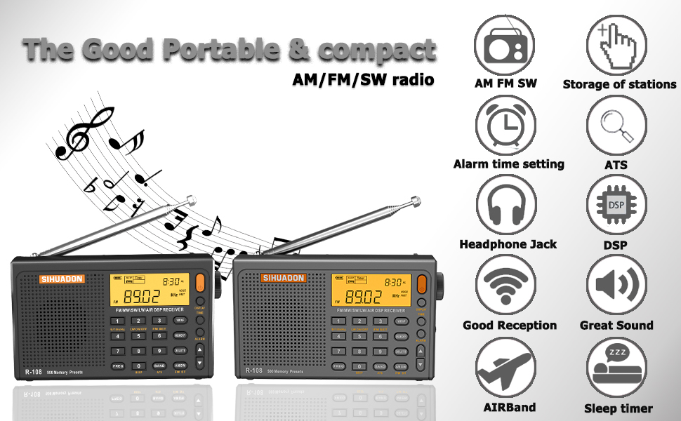 thumbnail video image 2 of SIHUADON R-108 Compact Portable Shortwave Radio, Battery Powered, Backlit, Black, 2 of 15