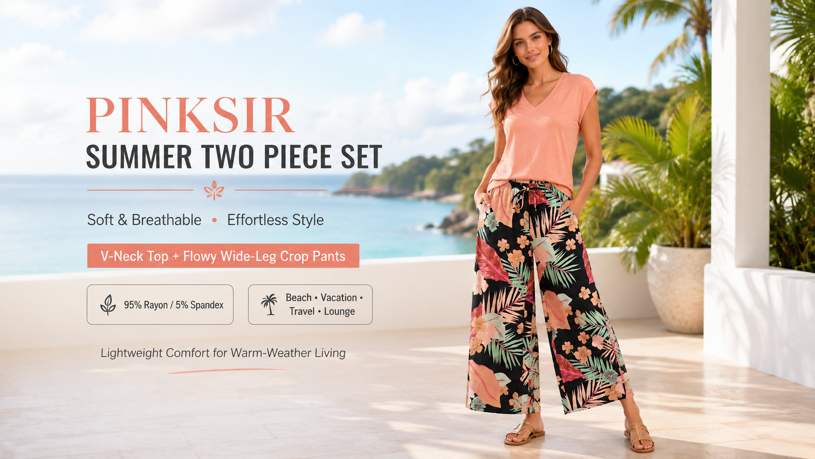thumbnail video image 2 of PINKSIR Two Piece Sets for Women Summer Outfits Oversized Wide Leg Crop Pants Lounge Sets Airport Beach Vacation Clothes, 2 of 10
