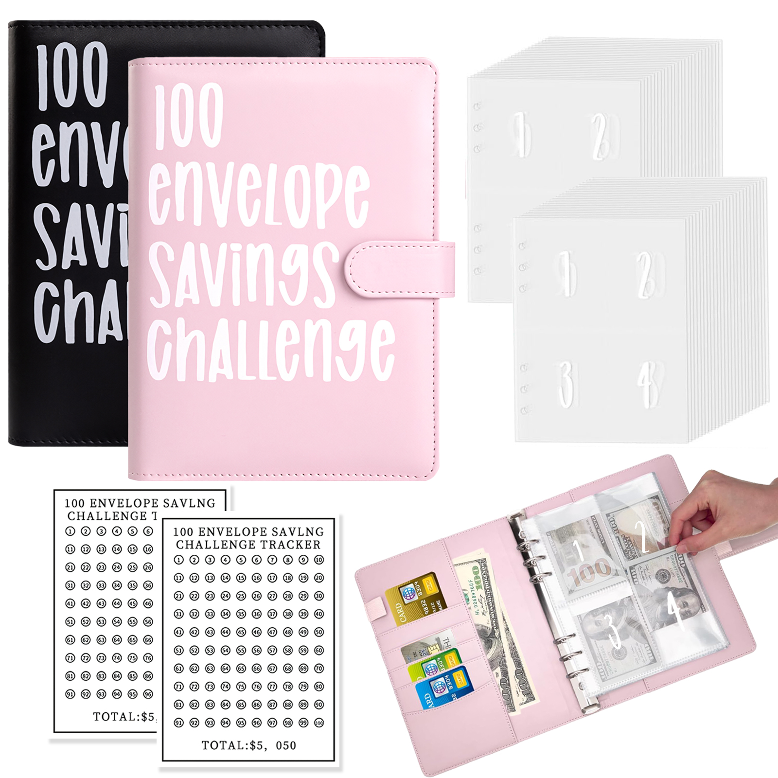 thumbnail video image 2 of AGCAN 2 Pack 100 Envelopes Money Saving Challenge, Envelopes Challenge Binder for Savings Goals of $5,050, Savings Challenges Book with Envelopes & Challenge Sticker (Pink+Black), 2 of 8