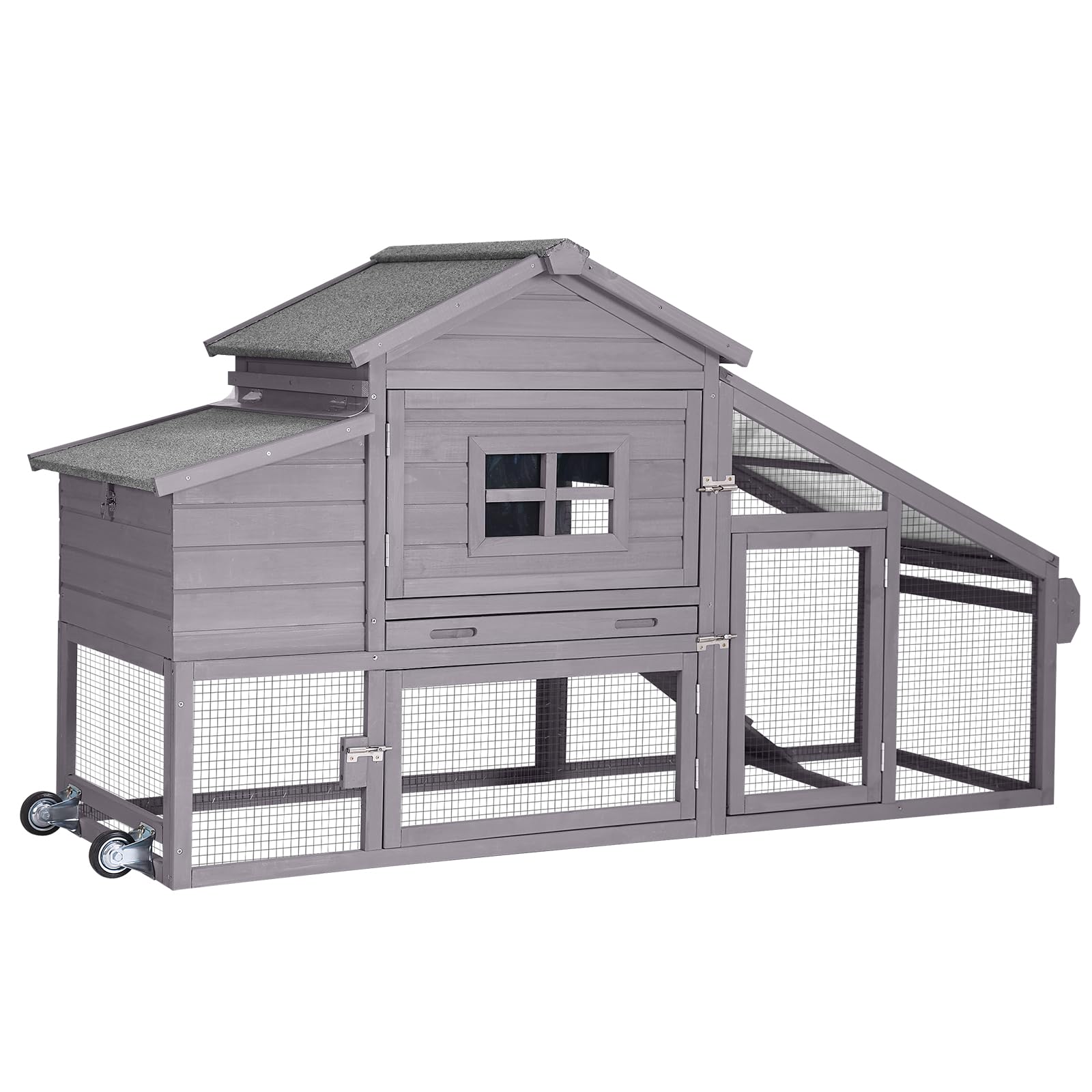 thumbnail video image 2 of BUTINGLALE Outdoor Mobile Chicken Coop with Wheels Hen House with Nesting Box Wooden Bunny Cage Large Duck House with Run UV Roof Rabbit Hutch(Grey), 2 of 7