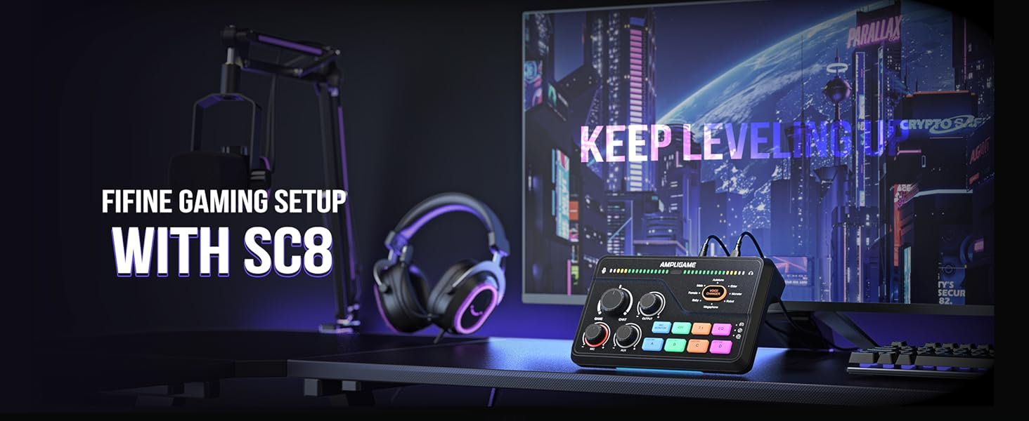 thumbnail video image 2 of FIFINE SC8 Gaming Audio Mixer for XLR Microphone, Game and Chat Mix Button with Software, 3 Channel Audio Interface for Volume Control, 48V Power, White, 2 of 10