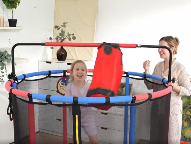 thumbnail video image 2 of Mini Trampoline for Kids with Basketball Hoop, SEGMART 55'' Indoor Outdoor Toddler Trampoline with Enclosure Net, Swing, Sandbag, Ring, Ocean Balls, Round Small Trampoline Gift for Boys Girls, Blue, 2 of 11