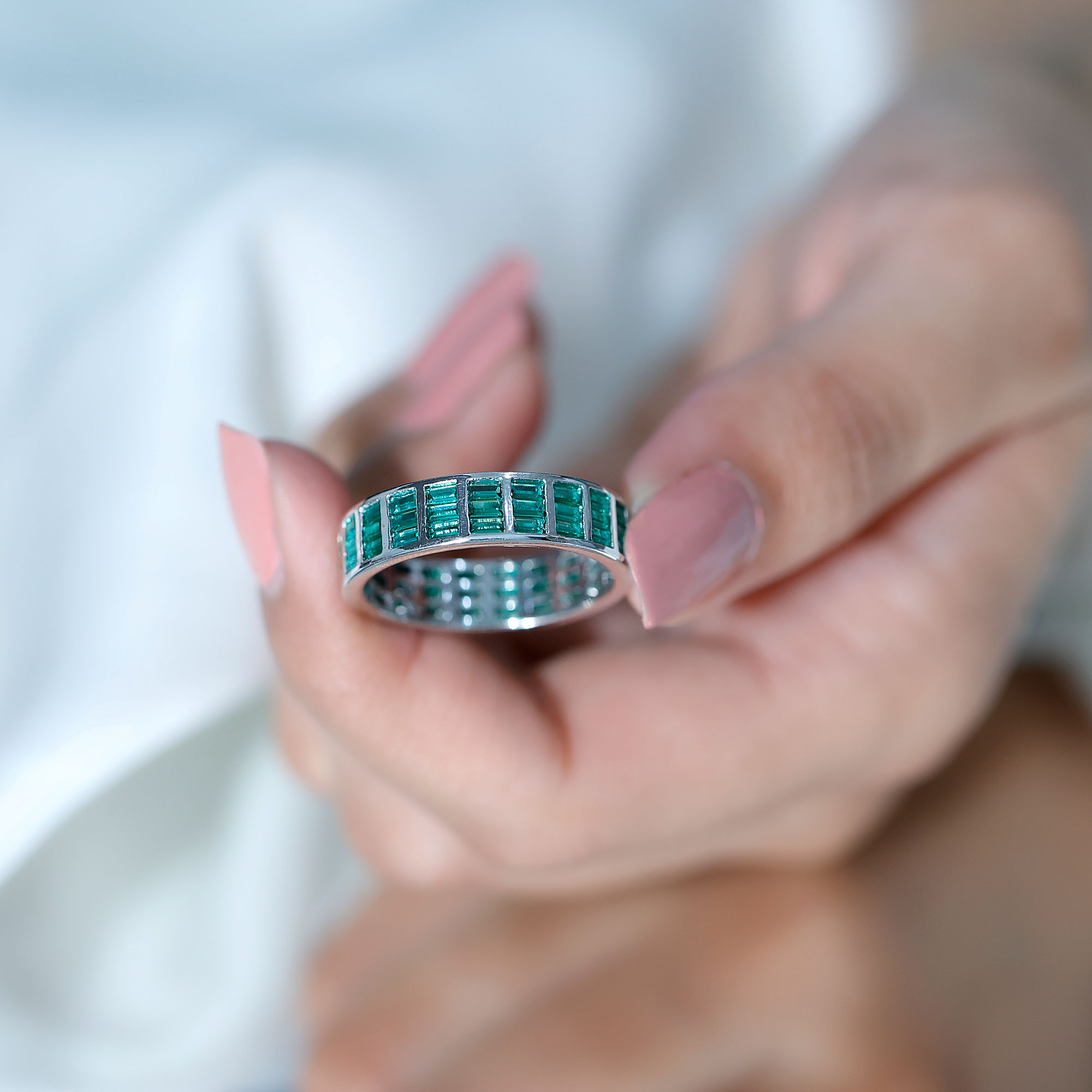 thumbnail video image 2 of Rosec Jewels Baguette Shape Created Emerald Full Eternity Band for Women - AAAA Quality, 10K Yellow Gold, US 3.50, 2 of 9