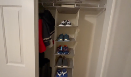 thumbnail video image 2 of 4-Shelf Hanging Closet Organizer, Fabric Storage Shelves for Closet, Beige Wardrobe Shelf Organizer, 2 of 8