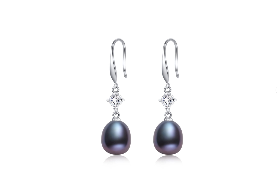 thumbnail video image 2 of Yami Saltwater Cultured Drop Black Pearl Earrings with 925 Sterling Silver Ear Hooks CZ Valentine's Day Gift for Her, 2 of 10
