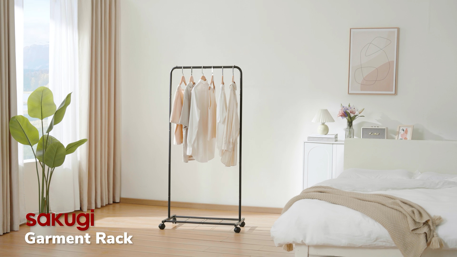 thumbnail video image 2 of Sakugi Clothes Rack with Wheels, Clothing Racks for Hanging Clothes and Shoes, Black, 2 of 10