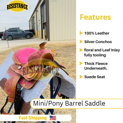 thumbnail video image 2 of Resistance Miniature Western Barrel Saddle – 8 Inch Seat, Floral Tooled Design with Conchos Inlay, 2 of 7