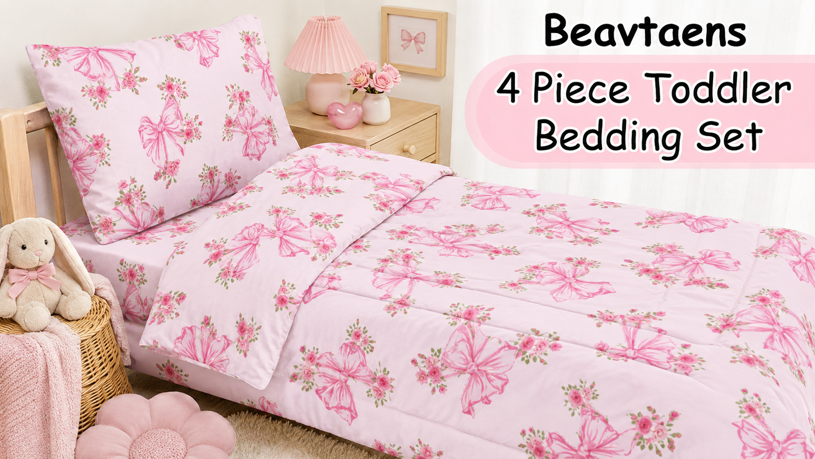 thumbnail video image 2 of Beavtaens 4 Piece Toddler Bedding Set, Breathable and Soft Baby Sheet Set, Includes Quilted Comforter, Flat Sheet, Fitted Sheet and Pillowcase for Girls, 2 of 8