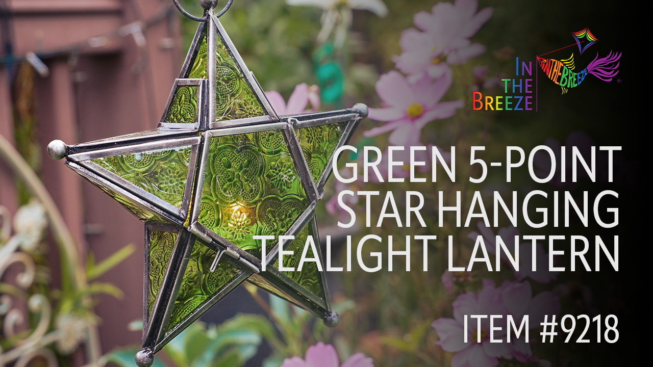 thumbnail video image 2 of In the Breeze 9216 — Green 5-Point Star Tealight Lantern — Moroccan-Style Boho Chic Glass and Metal Tealight Hanging Lantern, 2 of 5