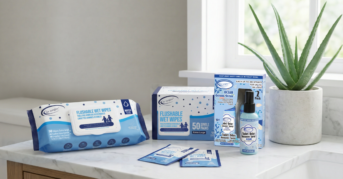 thumbnail video image 2 of Air Jungles Flushable Wipes Individually Wrapped 50 Count, Travel Size for Adult with Aloe Vera & Vitamin E, Fresh Scent- XL 7 × 7 in, 2 of 9