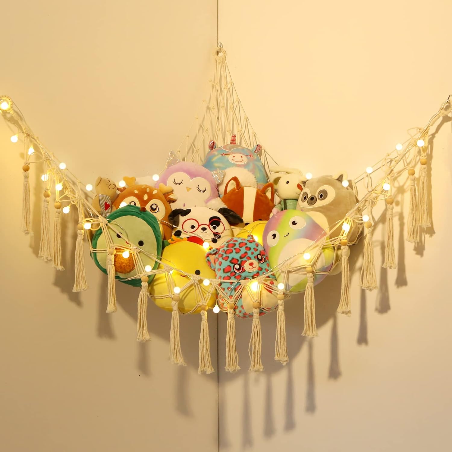 thumbnail video image 2 of LUCKDEER Stuffed Animal Hammock Macrame Boho Plush Toy Net Hammock for Stuffed Animals with Light Pet Net for Stuffed Animals Corner Hanging Stuffed Animal Storage Holder Teddy Bear Net Kids Room, 2 of 9