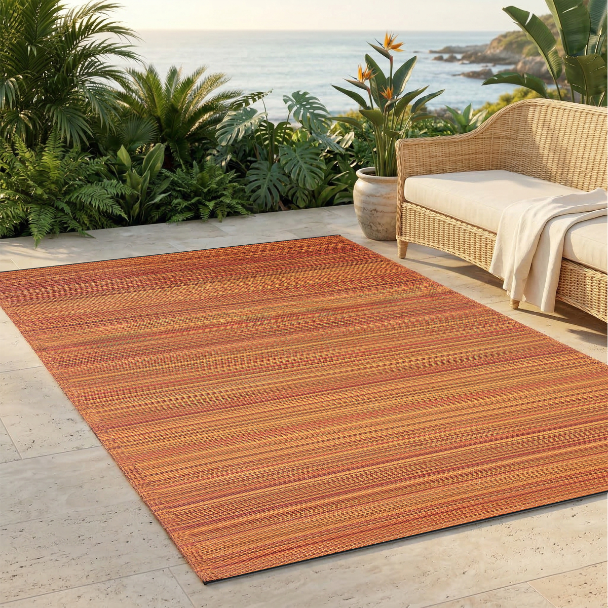 thumbnail video image 2 of Fab Habitat Stripe Coastal Colorful Outdoor Rug - Waterproof, Crease-Free Fade Resistant, Reversible - Recycled Plastic - Patio Porch Balcony Deck Yard Garden - Cancun Terracotta - 6x9 ft, 2 of 10