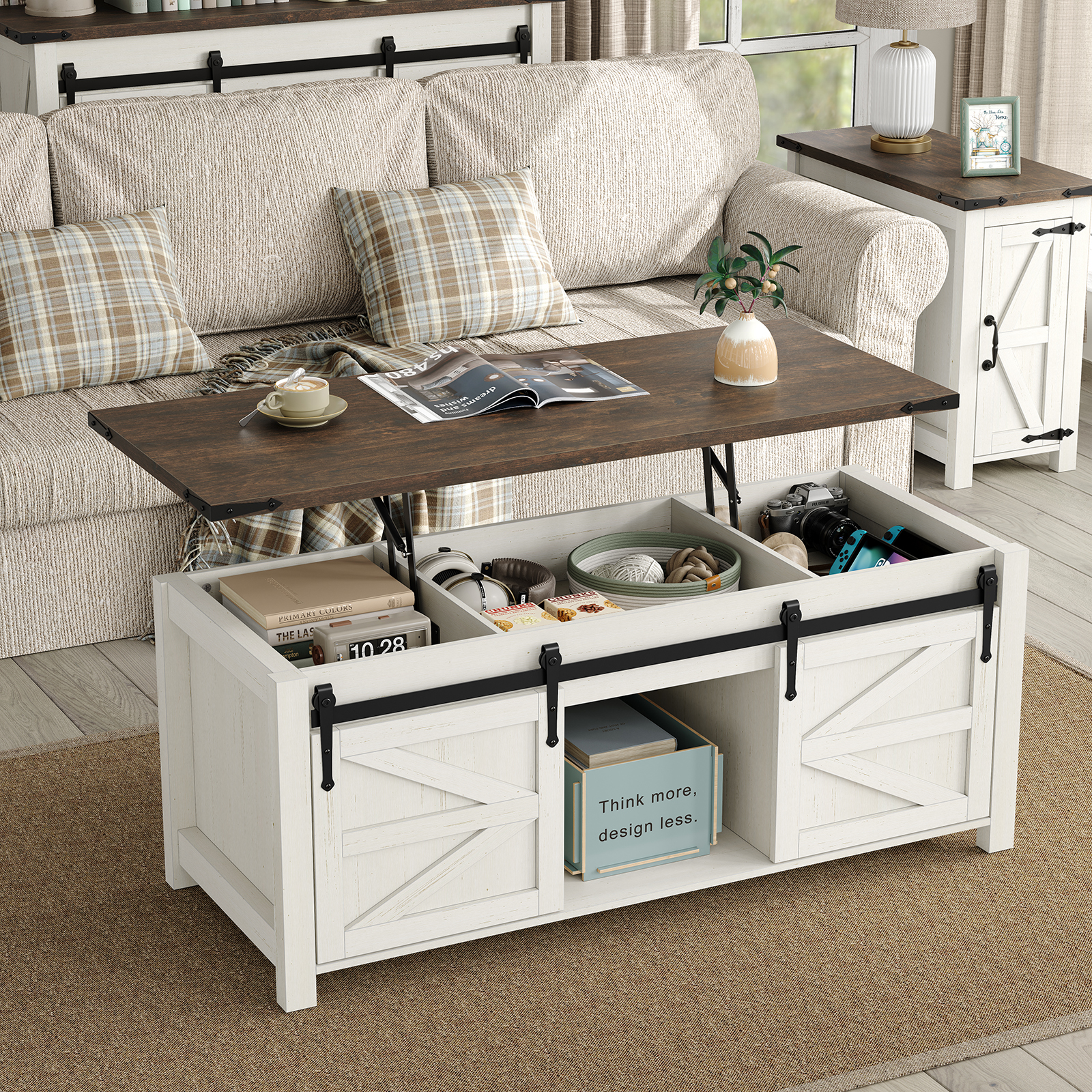 thumbnail video image 2 of Furnihold 47.3''W Lift Top Coffee Table with Storage, Center Table with Sliding Barn Doors, Farmhouse Wood Rectangle Coffee Table for Living Room Home Office, Brown Top, 2 of 7