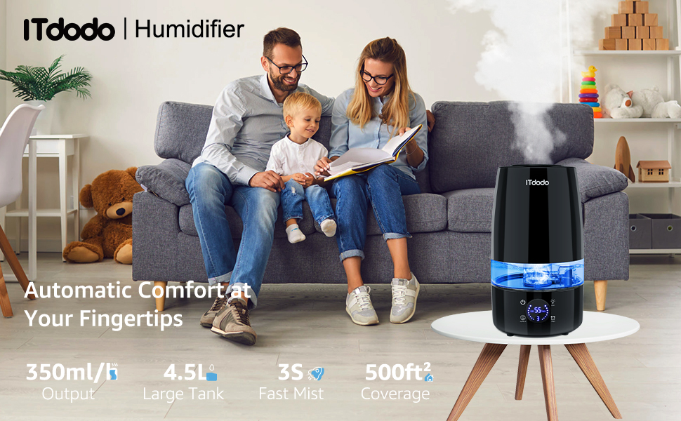 thumbnail video image 2 of ITdodo Humidifier for Room, 4.5L Top Fill for Home, 40H Runtime, Quiet, Auto Humidity Control, Cool Mist Air Humidifier for Bedroom, Plants, Essential Oil Diffuser, Easy Clean, 2 of 11