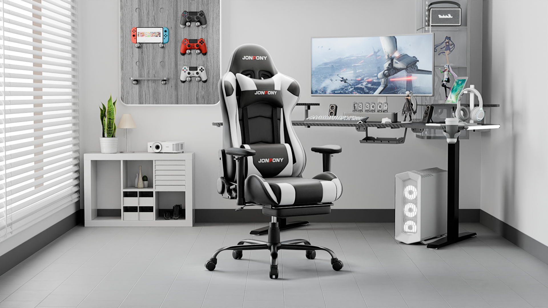 thumbnail video image 2 of JONPONY Big and Tall 500LBS Gaming Chair, 3D Armrests Gamer Chair PU Leather with Footrest and Lumbar Support, Ergonomic Design, High Back Game Chair Support Long Sitting, White Computer Chair, 2 of 9