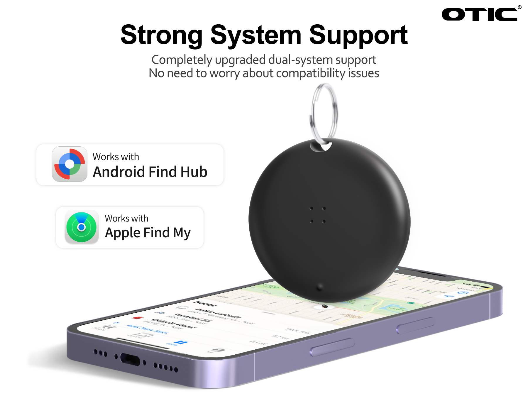 thumbnail video image 2 of OTIC Dual System Bluetooth Smart Tracker Tags 1 Pack, Item Finder Locator for Apple Find My (iOS) & Google Find Hub (Android) Waterproof with Key Ring for Keys/Luggage/Wallet, etc., 2 of 8