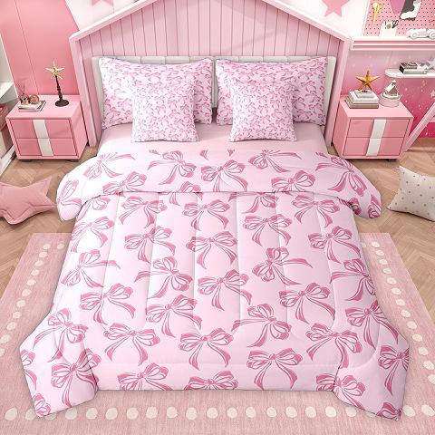 thumbnail video image 2 of Homewish Girls Bow Knot 7pcs Bedding Comforter Set,Princess Cartoon Bowtie Queen Bedding Sets,White Pink Queen Sheet Sets For Kids,Luxury Bedroom Decor Reversible, 2 of 9