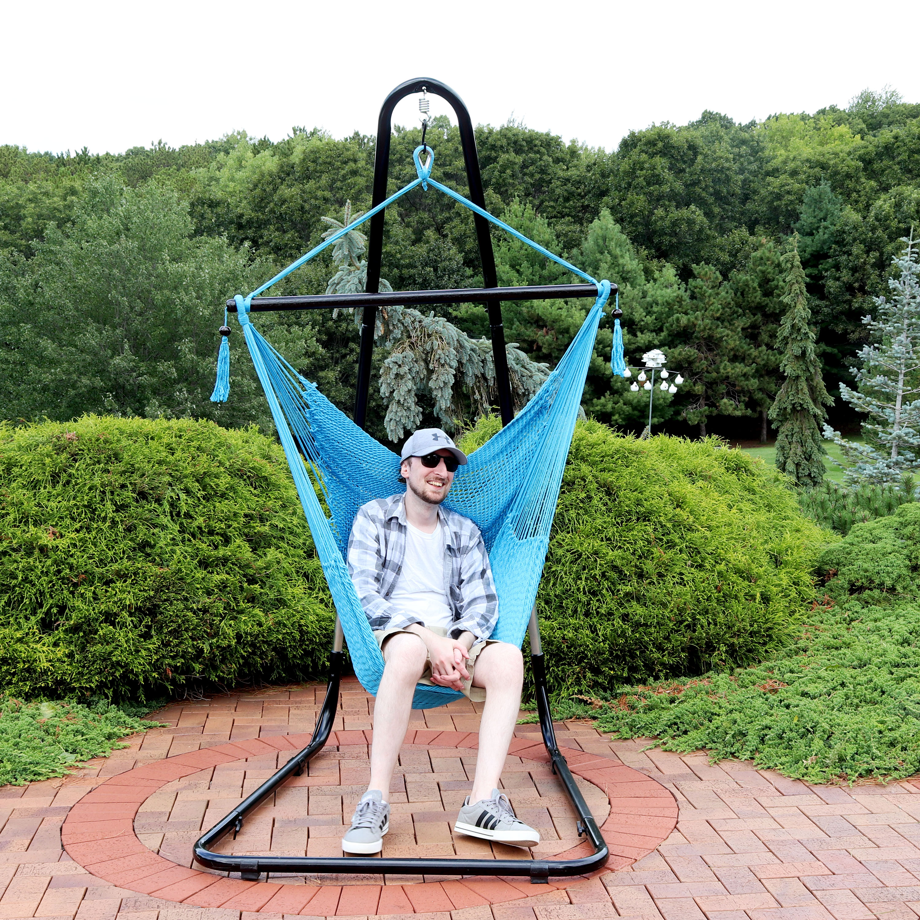 thumbnail video image 2 of Sunnydaze Polyester Caribbean-Style Hammock Hanging Chair with Adjustable Stand - Blue, 2 of 10