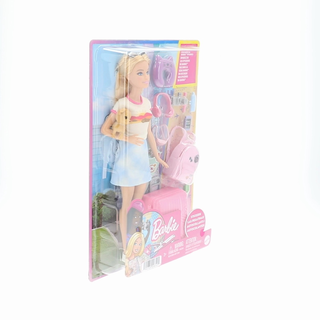 Barbie, Doll and Accessories, Malibu Travel Set with Puppy, 10+