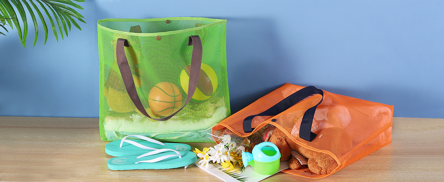 thumbnail video image 2 of 2Pcs Large lightweight Mesh Beach Tote Bag With Button Reusable Pool Bag for Travel Shopping Gym, 2 of 8