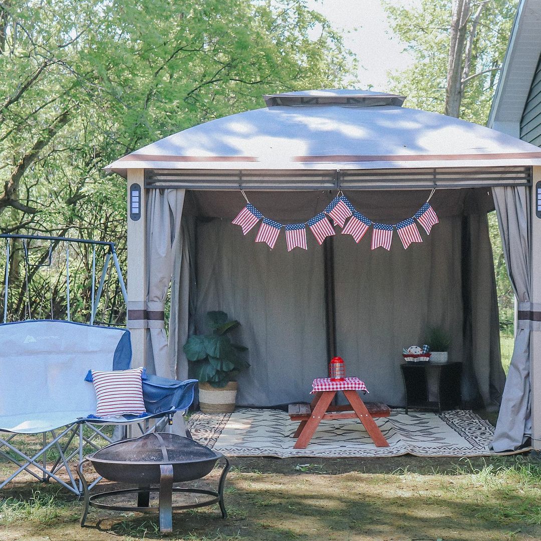 thumbnail video image 2 of Sunjoy Montery Outdoor Patio 10 x 13 ft. Powder-coated Steel Frame 2-Tier Gazebo with LED Lighting and Bluetooth Sound, Gray, 2 of 17