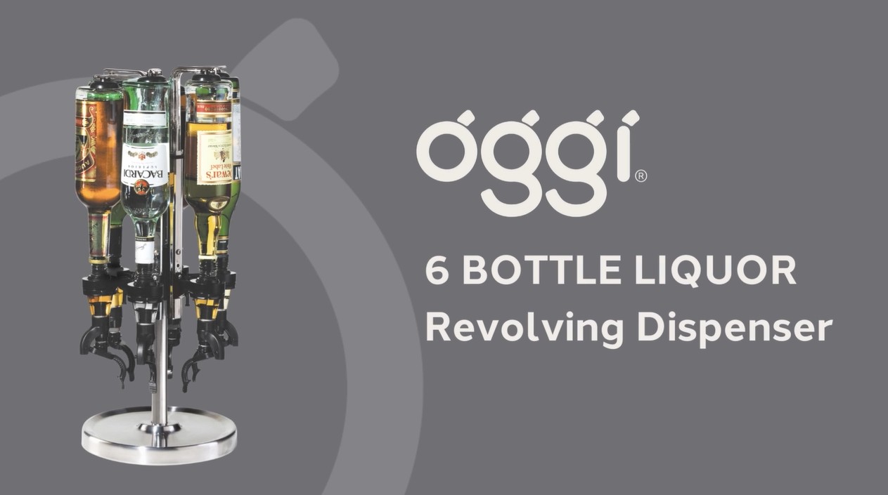 thumbnail video image 2 of OGGI Professional 6-Bottle Revolving Liquor Dispenser, Stainless Steel, 2 of 8
