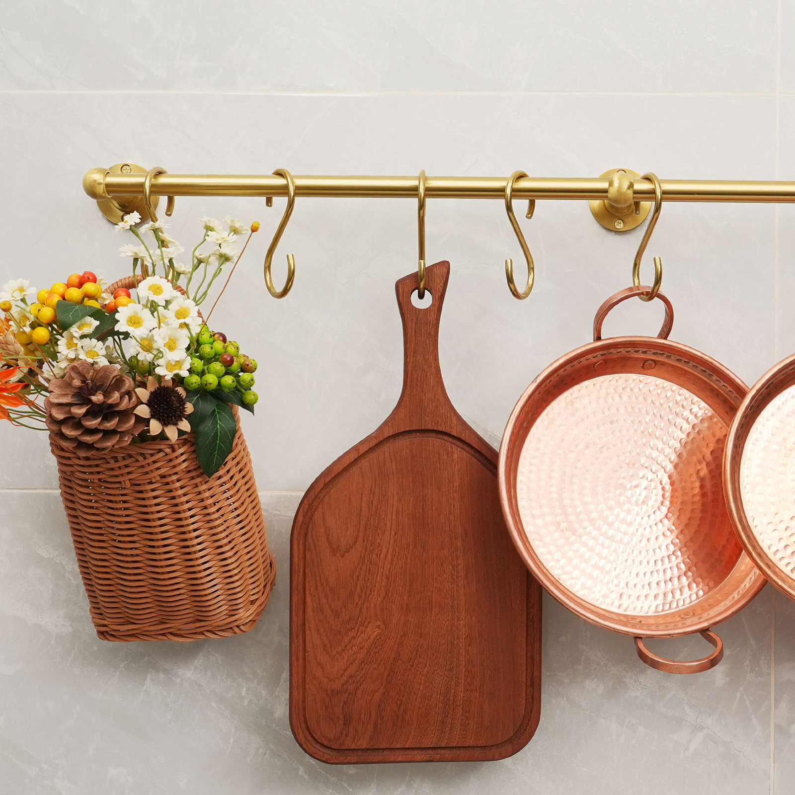 thumbnail video image 2 of SRYBLT Handmade Brass Pot Pan Hanger - 30.0" Wall Mounted Rack with 8 S-Shaped Hooks (Sectional Design), 2 of 7