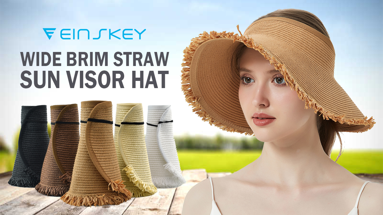 thumbnail video image 2 of (2 pack) EINSKEY Women's Sun Visor Hat Packable Straw Floppy Wide Brim Ponytail Hat for Summer Beach Travel Golf Garden, 2 of 8